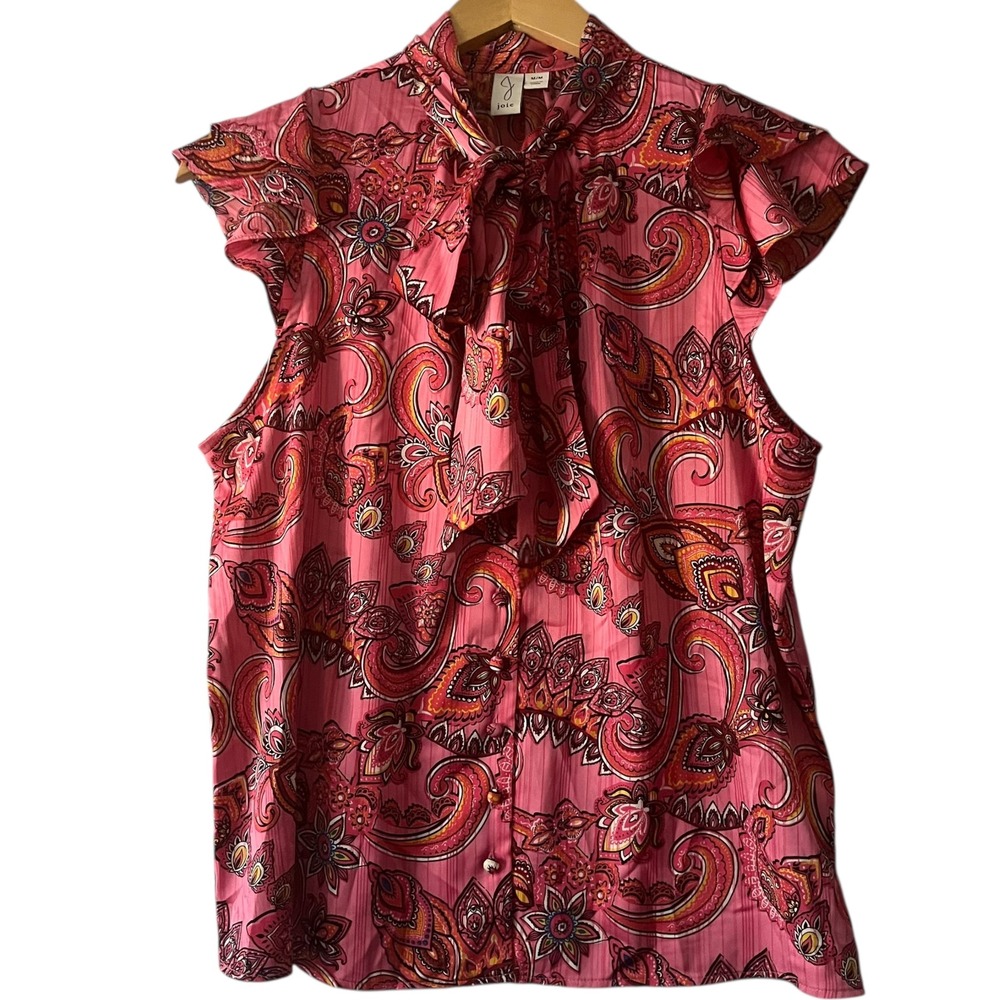 Joie Pink Paisley Print Tie Neck Sleeveless Ruffle Retro‎ Blouse Top Medium